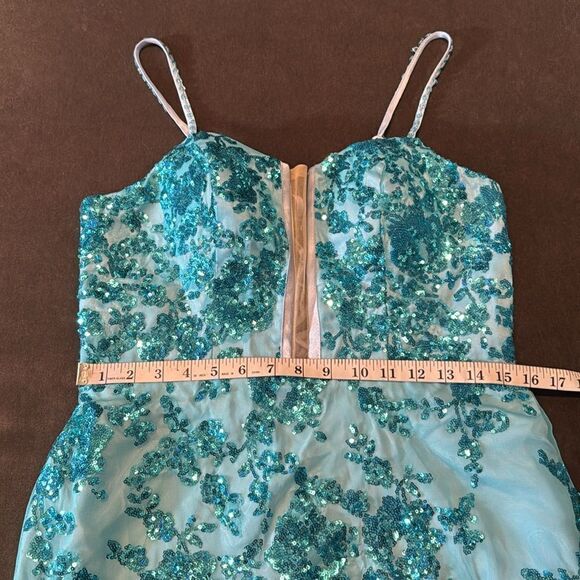 Women’s Blue Mermaid Fit Prom Party Dress Sparkly Sequins Leg Slit Size 12 - Picture 9 of 12